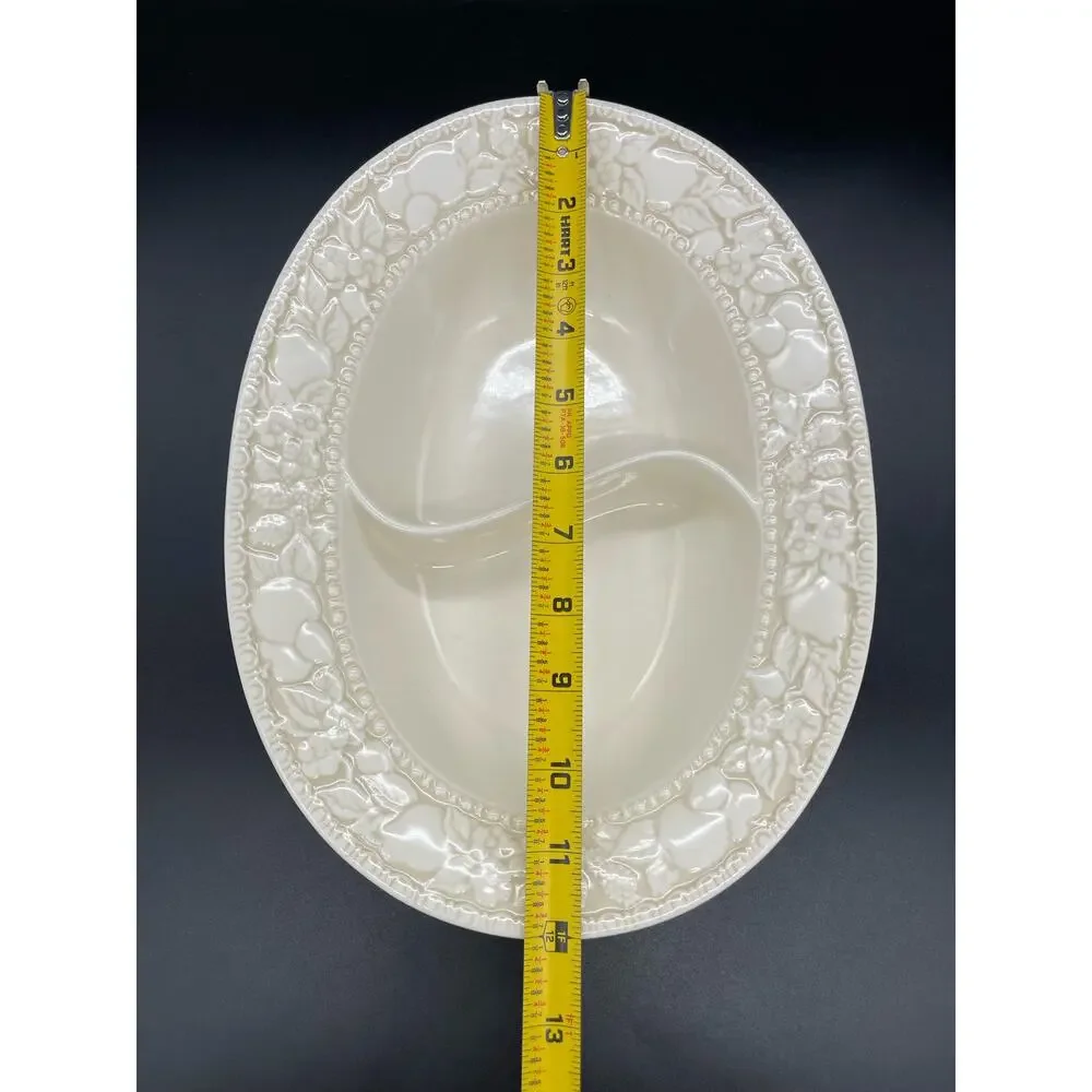 Vintage Metlox Vernon Ware Embossed Antiqua Divided Oval Serving Bowl 12